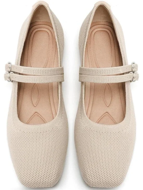 Women's Beige Knit Square Toe Mary Jane Ballet Flats Foldable Buckle Strap Shoes
