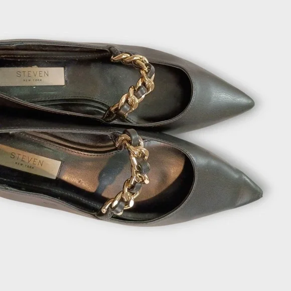 STEVEN NEW YORK Flats Sz 7 Womens Black Pointed Toe Flats Gold Chain Detail Mila