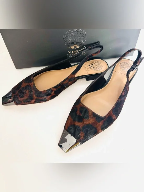 NIB Vince Camuto Leopard Calf Hair  Pointed Metal Cap Toe Slingback Flats US6.5