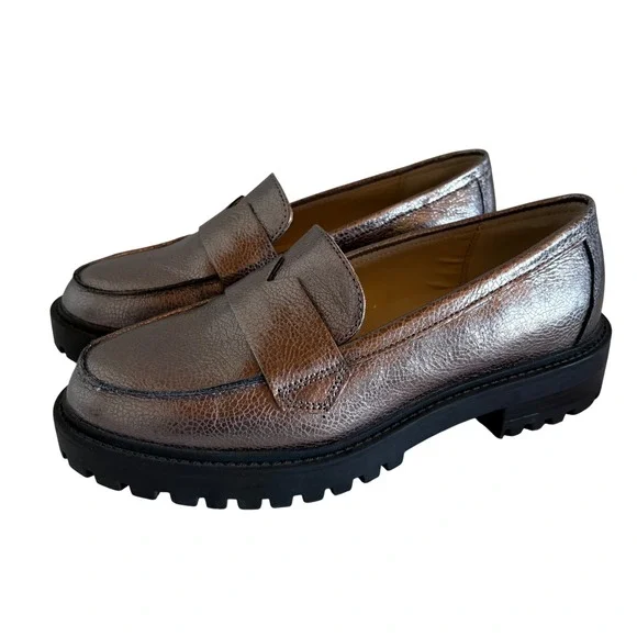 Banana Republic Vee Strap Pewter‎ Metallic Lug Sole Penny Loafers NEW size 6