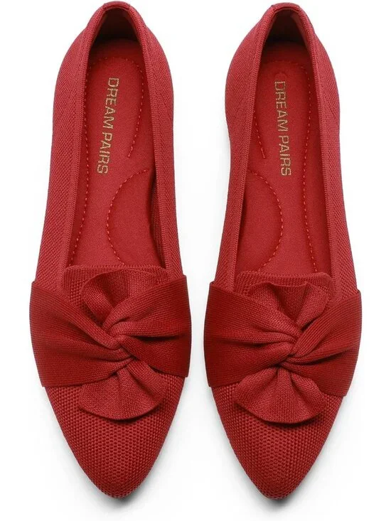 Women's Red Foldable Bow Pointed Toe Ballet Flats Knit Cushioned Comfort Shoes