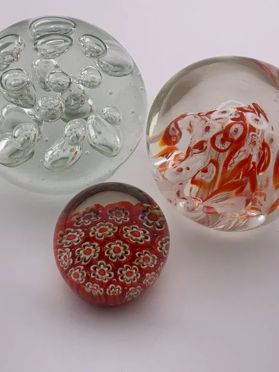 Clear Art Glass Paperweight Lot of 3 Bubble Sphere Heavy Desk Decor Clear Orange