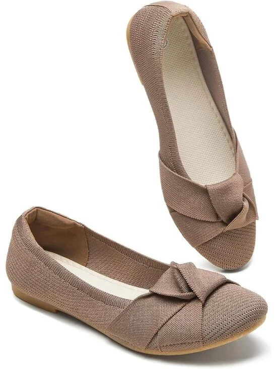 Women’s Dark Apricot Bowknot Round Toe Flat Lightweight Breathable Slip-On Shoes