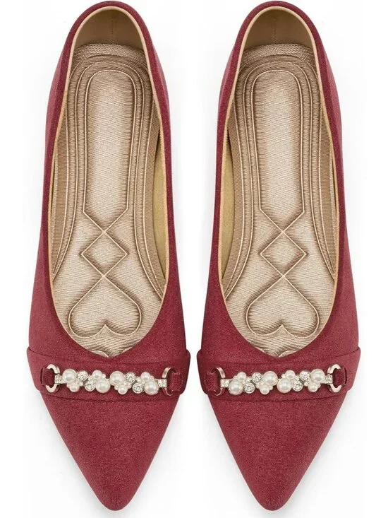 Women's Red Rubber Rhinestone Pointed Toe Flats Comfortable Slip On Shoes