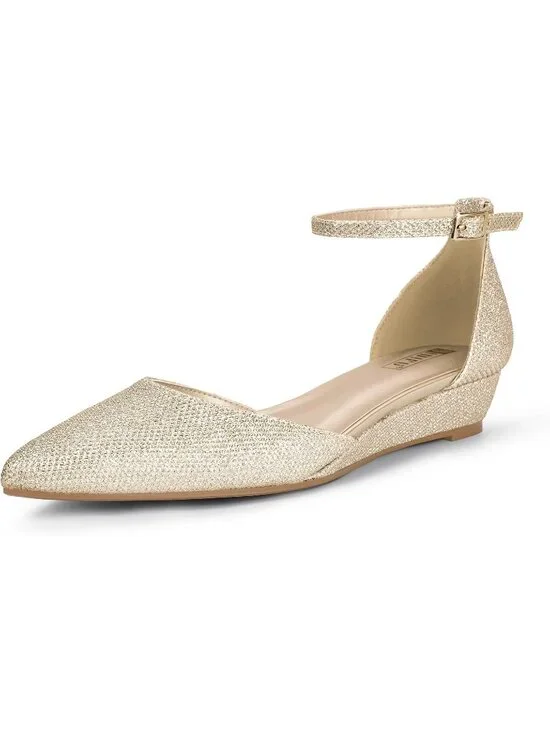 Women's Gold Glitter Low Wedge Closed Pointed Toe Adjustable Ankle Strap Shoes