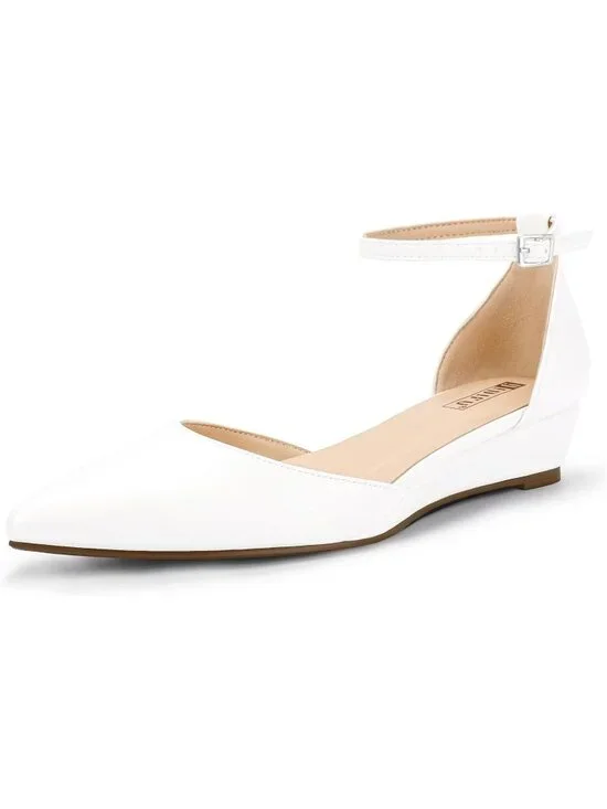 Women's White PU Low Wedge Flats Closed Pointed Toe Adjustable Ankle Strap Shoes