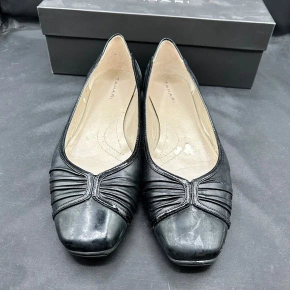 Tahari Ballet Flats Leather Dress Shoes Black Career Office 8.5M‎ Business