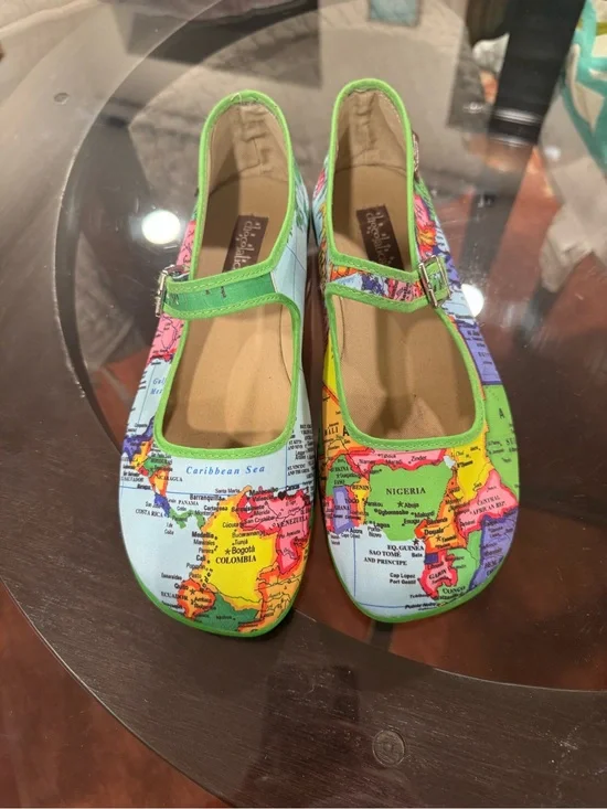 Map-Print Mary Jane Flats with Green Trim