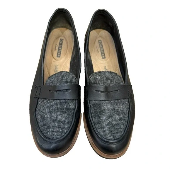 Women's Clarks Collection Soft Cushion‎ Leather Tweed Penny Loafer Black Size 11