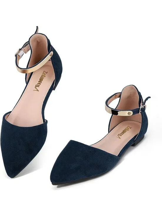 Women's Blue Suede Pointed Toe Flats Fancy Gold Ankle Strap Rhinestone Shoes