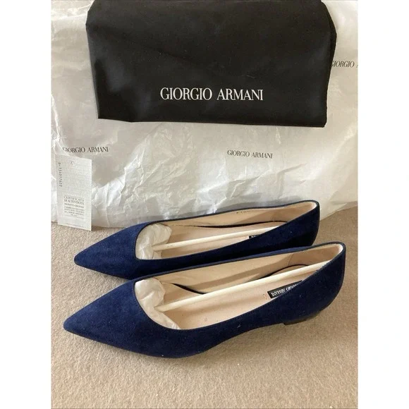 Giorgio Armani Suede Pointed Toe Ballet Flats Sz 35 5 New Navy Authenticity‎ Bag