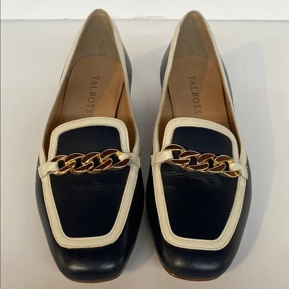 Talbots Estelle Chain Square Toe Leather Loafers Navy White Sz 6.5