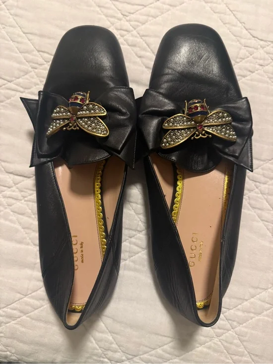 Gucci Black Leather Flats with Pearl & Crystal Bee Accent