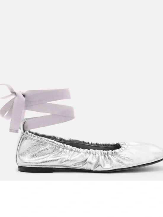 $299+ NWB AllSaints Alia Silver Metallic Leather Ribbon Ballet Sz 41/US 10.5