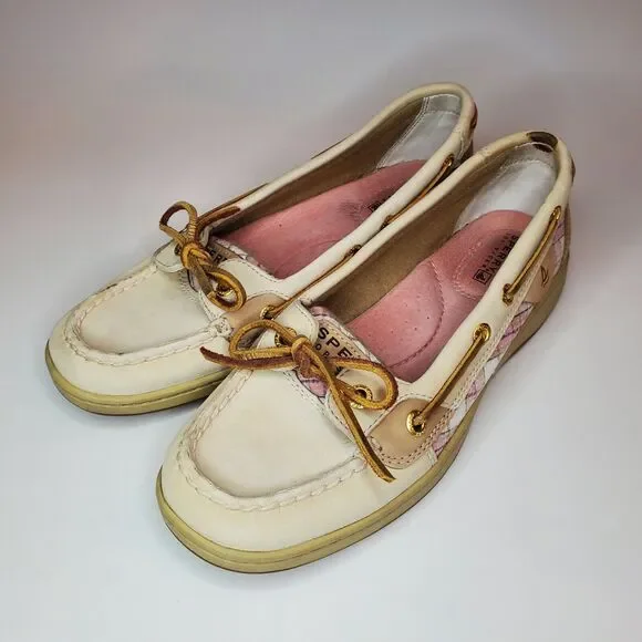 Sperry Top-Sider‎ Women 6.5M Boat Shoes Pink Plaid Sequin Leather Cream 9303108