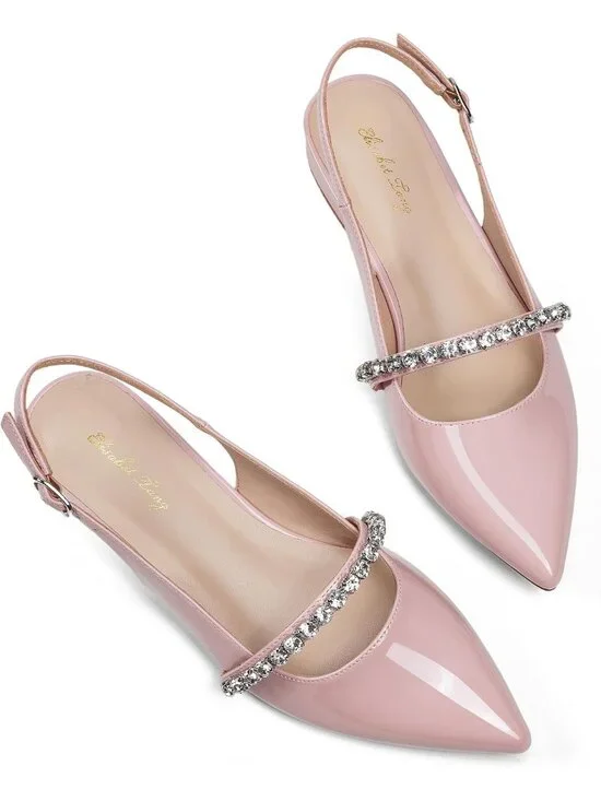 Women's Pink Soft Slingback Flats With Rhinestone Pointed Toe Backstrap Shoes
