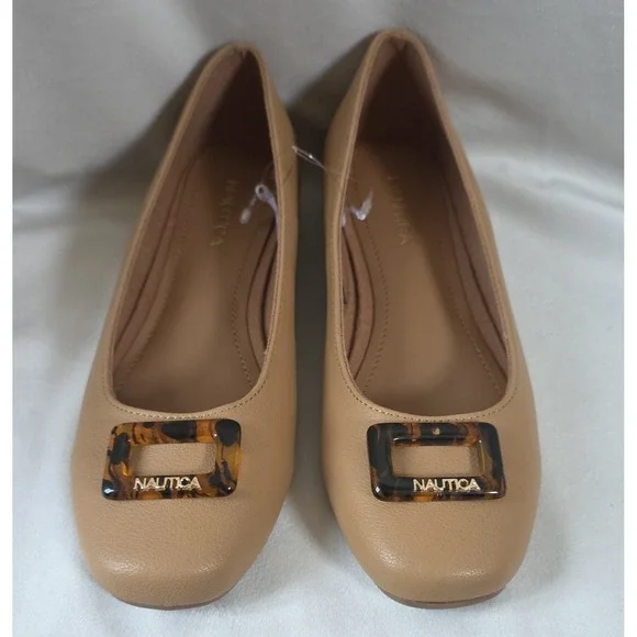 Nautica Beige Flats Tortoiseshell Buckle Logo Slip-On Square Toe Size 7.5
