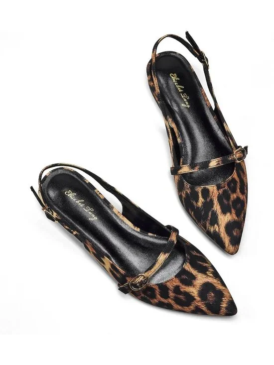 Women's Leopard Soft Slingback Flats With Rhinestone Pointed Toe Backstrap Shoes