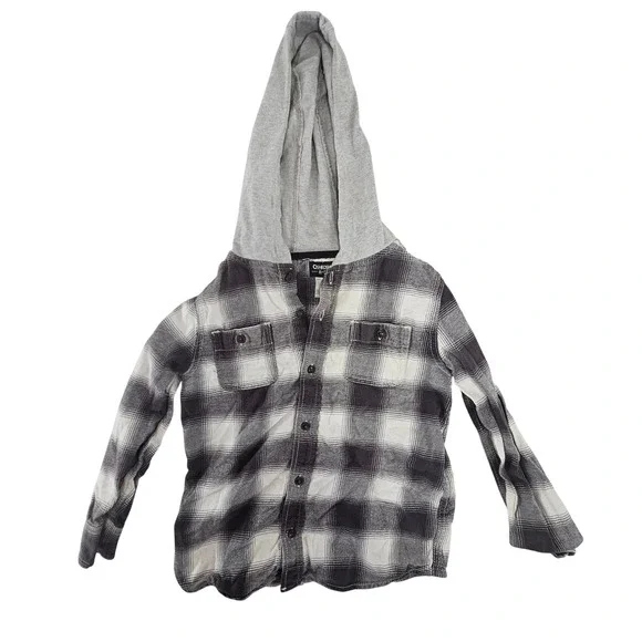 OshKosh Bgosh Boys Black White Plaid Hooded Flannel Shirt‎ Size 8 OSH11774-AD