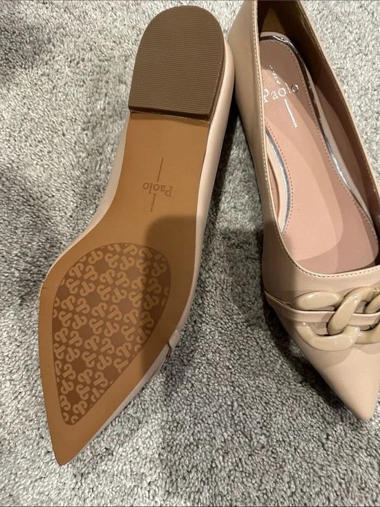 Paolo Beige Pointed Toe Flats with Chain Accent