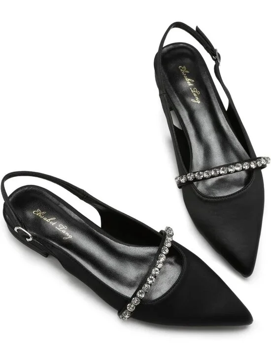 Women's Black Satin Slingback Flats With Rhinestone Pointed Toe Backstrap Shoes