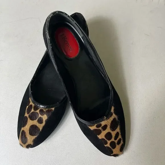 J Renée Kory black leather suede leopard print calf hair flats size 9.5