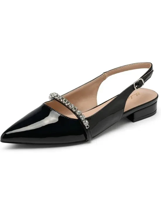 Women's Black Patent Slingback Flats With Rhinestone Pointed Toe Backstrap Shoes