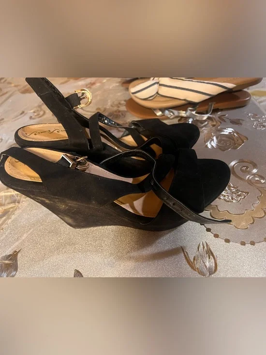 Black Suede Wedge Sandals with Ankle Strap