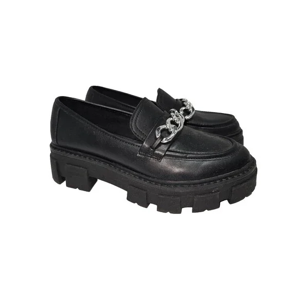 No Boundaries Women's Loafers 7 Black Lug Sole Platform Chunky Heel Round Toe