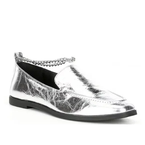 NEW GB Gianni Bini Flip Side Metallic Leather Ankle Chain Flat Loafers