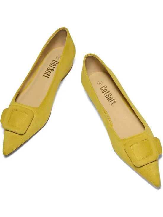 Women's Yellow Rubber Pointed Toe Square Buckle Flats Slip On Comfortable Shoes