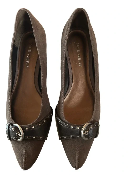 Vintage Nine West Brown Suede Pointed Toe Buckle Studded Flats Y2K