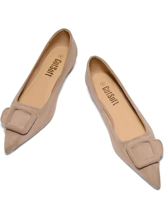 Women's Nude Rubber Pointed Toe Square Buckle Flats Slip On Comfortable Shoes