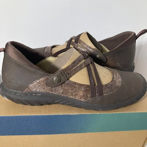 Womens JBU Rome Maryjane Shoe‎ Flats Leather Textile Brown Print 9.5 NIB