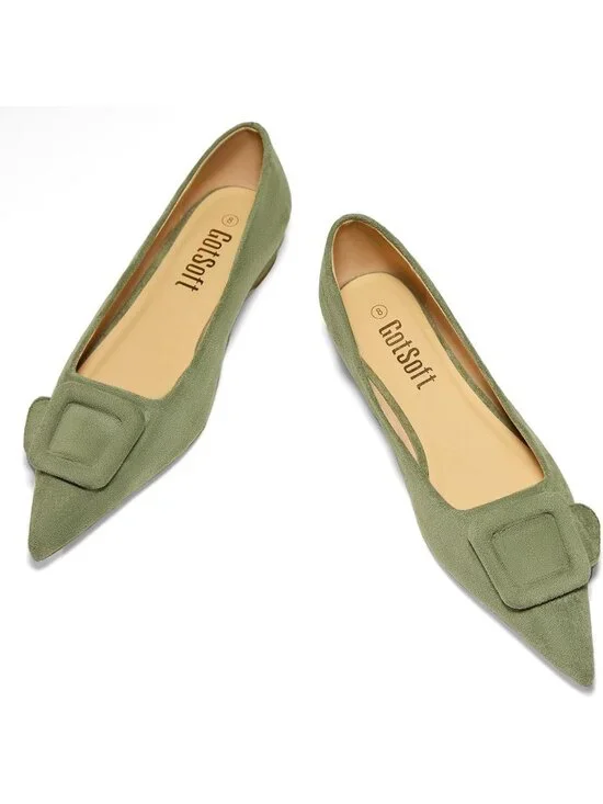 Women's Green Rubber Pointed Toe Square Buckle Flats Slip On Comfortable Shoes