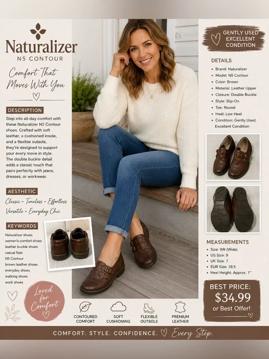 Naturalizer Brown Leather Slip-On Loafers with Buckle Detail