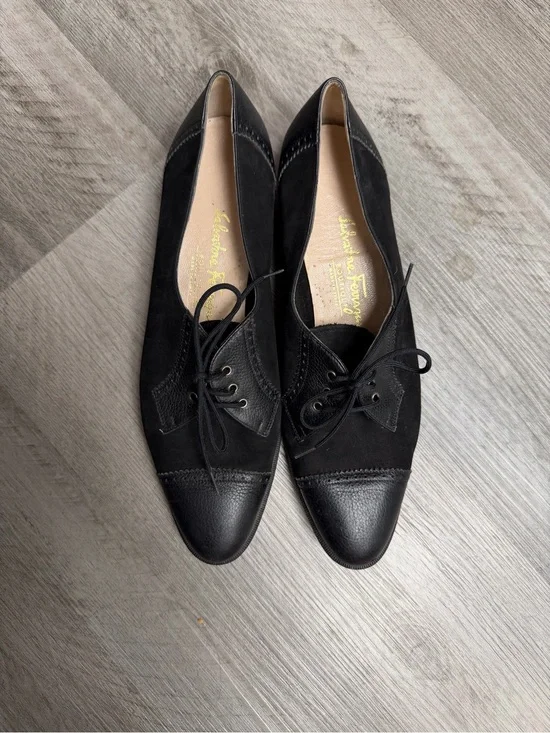 Salvatore Ferragamo Black Leather and Suede Lace-Up Flats