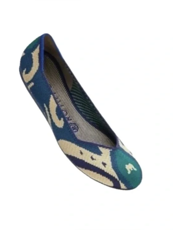 Rothy’s , The Flat Moroccan Blue Teal Cream Knit Flats, Size 8.5  NWT Rare