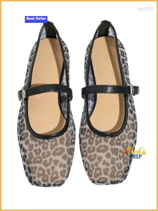 Leopard Mesh Square Toe Mary Jane Flats with Buckle