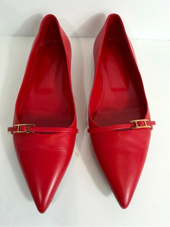 HERMÈS Red Leather Pegase Pointed Toe Ballet Flats – Gold Hardware – Size 38
