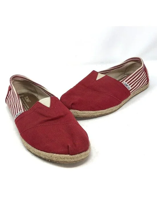 TOMS Shoes Women 8 Red Striped Canvas University Classic Rope Trim Slip On Flats