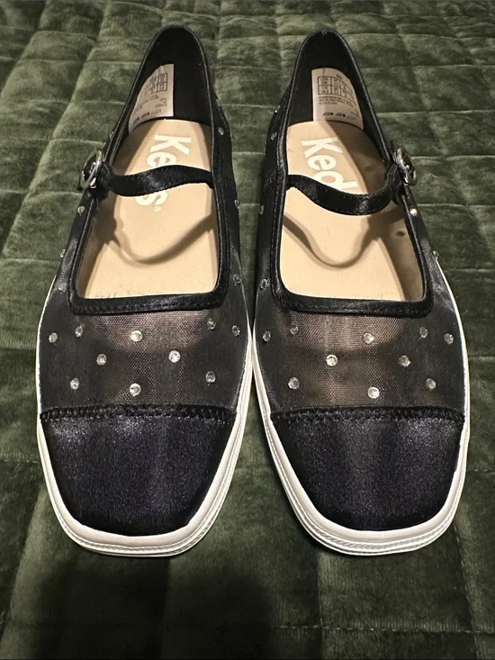 Keds Black Mary Jane Flats with Rhinestone Mesh