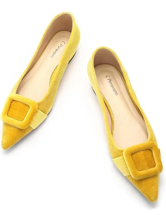 Women's Velvet Yellow Pointed Toe Square Buckle Flats Slip-On Comfortable Shoes