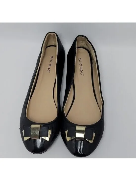 Bamboo Lula Flat Black Faux Leather Bow Ballet Shoe Size 9