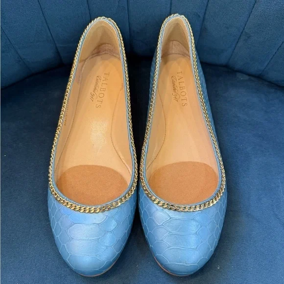 Talbots Blue Textured Ballet Flats Gold Chain Trim Size 5.5