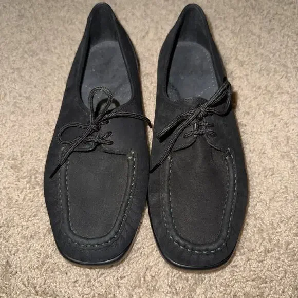 Women's SAS Black Lace Up Suede Moccasin Oxfords Shoes Size 8M