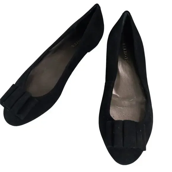 NWOT-FLAW! TALBOTS! BLACK GENUINE SUEDE LEATHER & GROSGRAIN RIBBON FLATS! SZ 8W