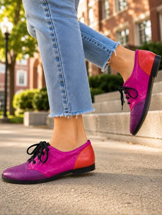 Pink Purple Colorblock Vintage 80s Leather Lace Up Oxford Flats Dress Shoes 10