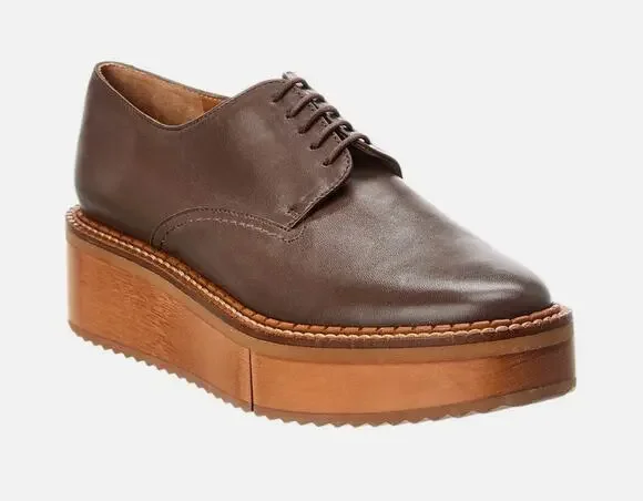 Clergerie Brooks Wooden Effect Platform Oxford Brown Leather Sz 5.5 US 36 EU NIB