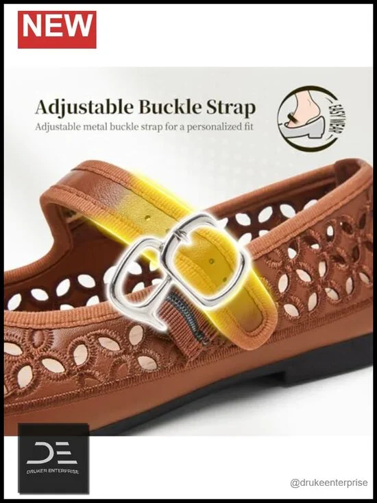 Perforated Mary Jane Flats with Memory Foam Insole, Adjustable Buckle Strap,